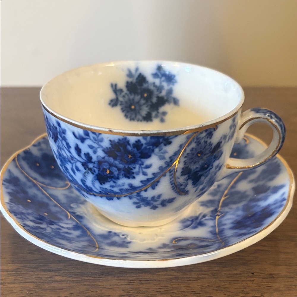Antique W. Adam’s & Co Tunstall England Cuba Flow Blue Teacup & Saucer Set